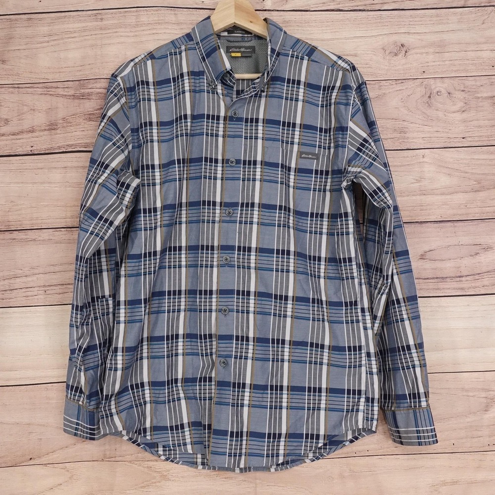 Eddie Bauer Shirt Mens S Blue Plaid Long Sleeve Button-Up Classic Fit